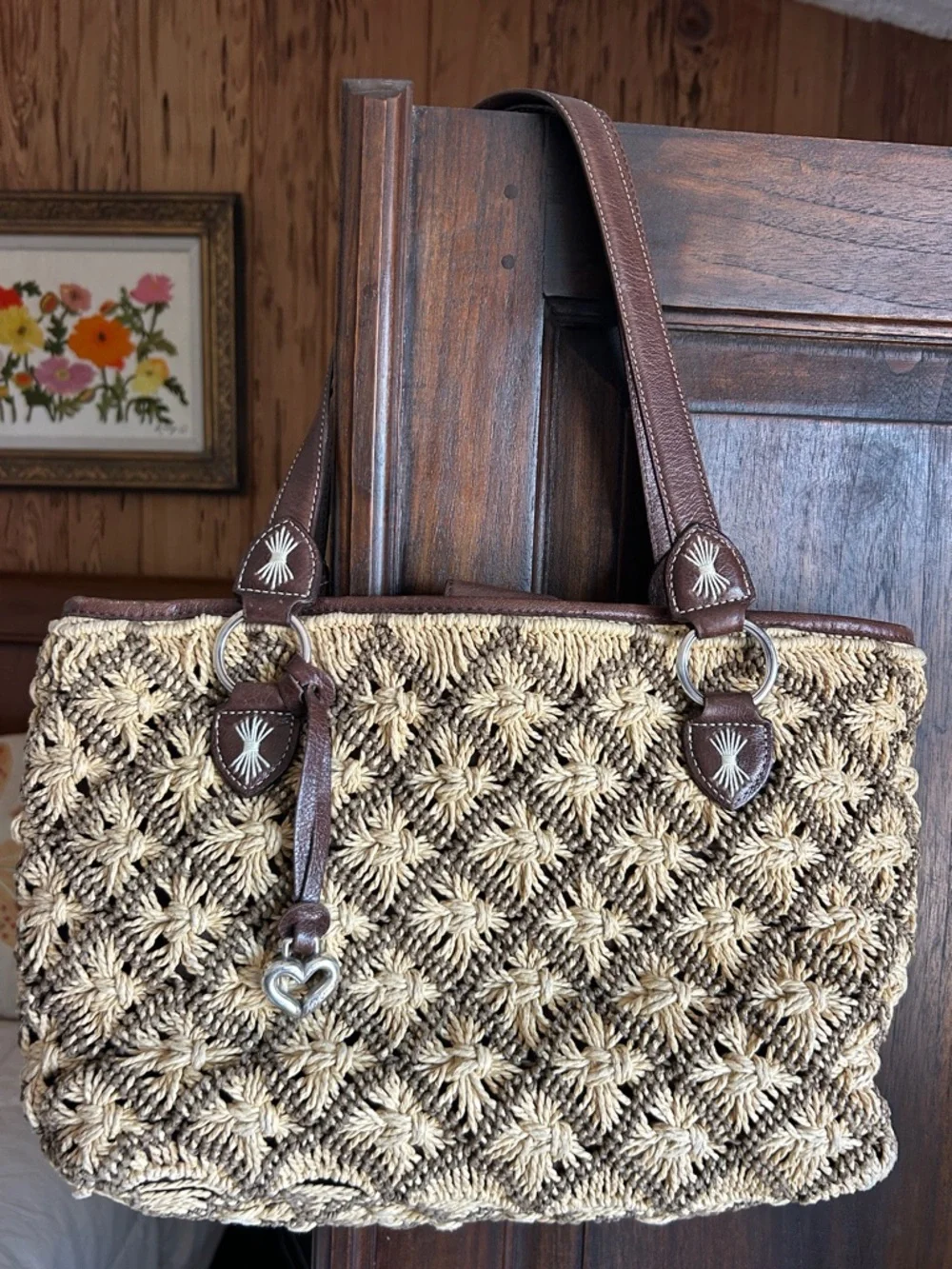 Vintage Brighton Woven Straw Tote Bag with Brown Leather Accents with Heart - Picture 1 of 10